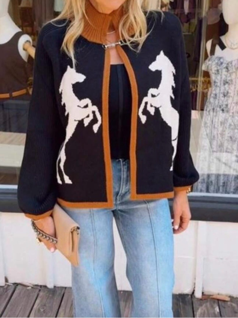 Dark Navy & Tan Horse-Print Open Cardigan Sweater - Women